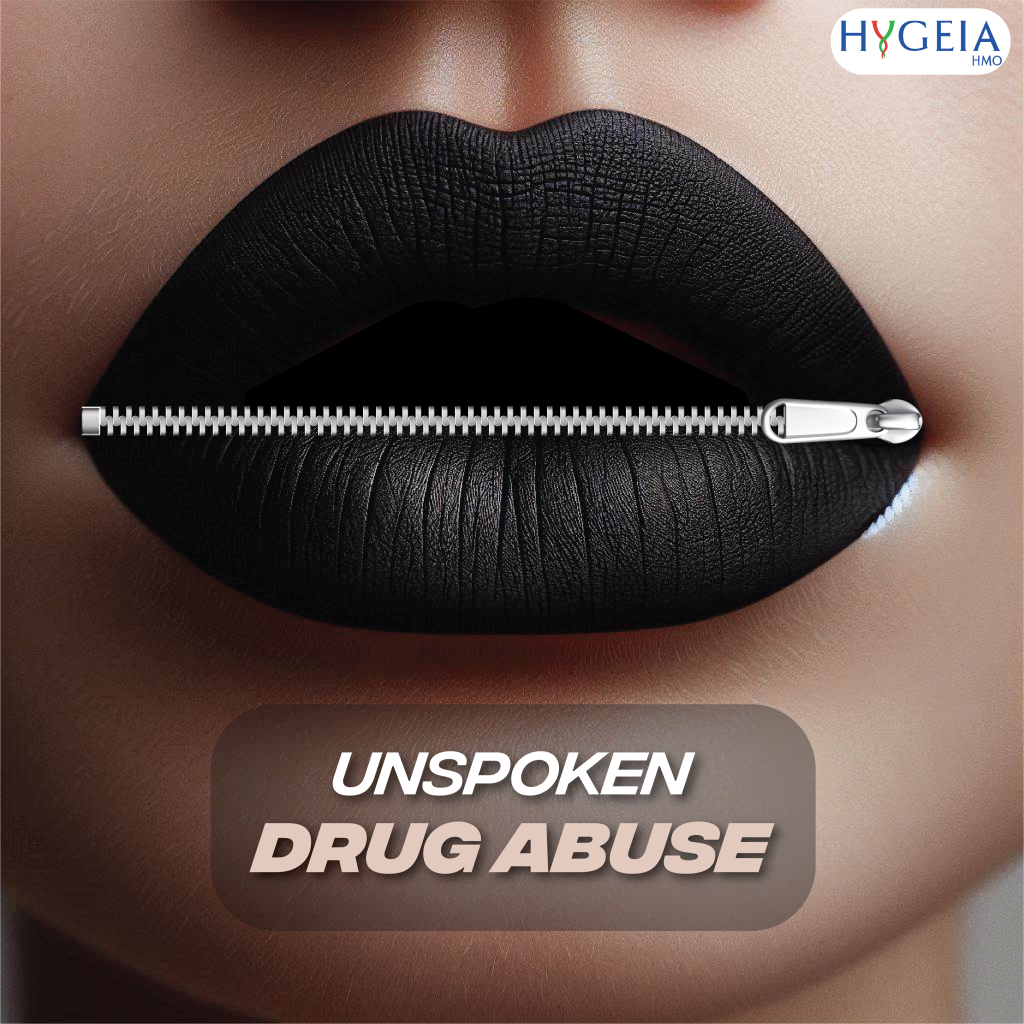 a pair of black lips with the upper and lower lips slightly parted, the parting should be dark with a zip in between and a text "Unspoken Drug Abuse"