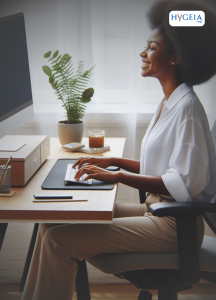A black person working at a desk with the perfect ergonomic setup, including proper chair height, monitor level, and keyboard placement, enjoying their work maintaining ergonomics