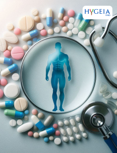 A stethoscope and drugs, all converging towards a central depiction of a healthy person