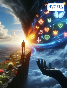 a person standing on the edge of a cliff, looking out over a vast landscape that transitions from darkness to light, symbolizing the journey from despair to hope. The person could be surrounded by supportive symbols like outstretched hands, comforting words, and vibrant imagery representing life and renewal. The contrast between the darkness of despair and the brightness of hope would capture the essence of overcoming suicidE thoughts and finding a path towards healing and resilience.