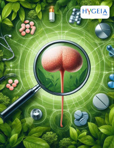 verdant foliage weaves amidst medical icons such as stethoscopes and pills, all converging towards a central depiction of a healthy prostate gland with a magnifying glass examining it to convey BPH