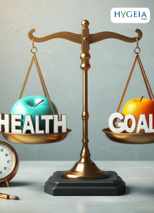 A weighing balance with the word "Health" on one plate and the other plate holds the word "Goals"