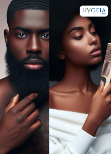 A juxtaposition of a black man grooming his beards on one side and a black woman combing her hair on the other side showing self-care