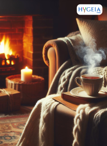 A softly lit living room with a crackling fireplace, a comfortable couch adorned with cozy blankets, and a steaming cup of tea resting on a side table. The scene invites readers to settle in and feel at ease. It spells affection