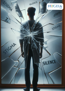 A man standing in front of a shattered mirror, reflecting the stigma and challenges associated with infertility. Overlay the broken glass with words like 'stigma,' and 'silence'