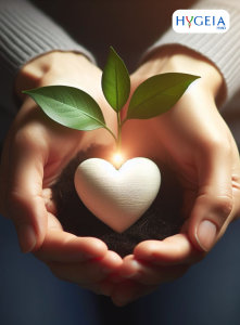 Hands cradling a symbol of hope (heart, small plant, or a light) expressing support, compassion, and possibility of growth