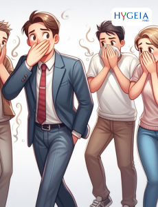 Man covering his mouth because of mouth odour with people covering their node behind him