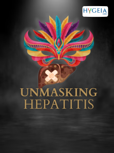 a mask over a sick liver with a bandage on it on a smoke filled background with the text unmasking hepatitis written below it.