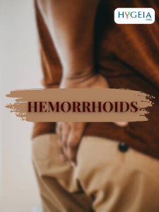blurred picture of a black man wearing a brown tshirt and a khaki short holding his bum with a brush stroke and text saying hemorrhoids