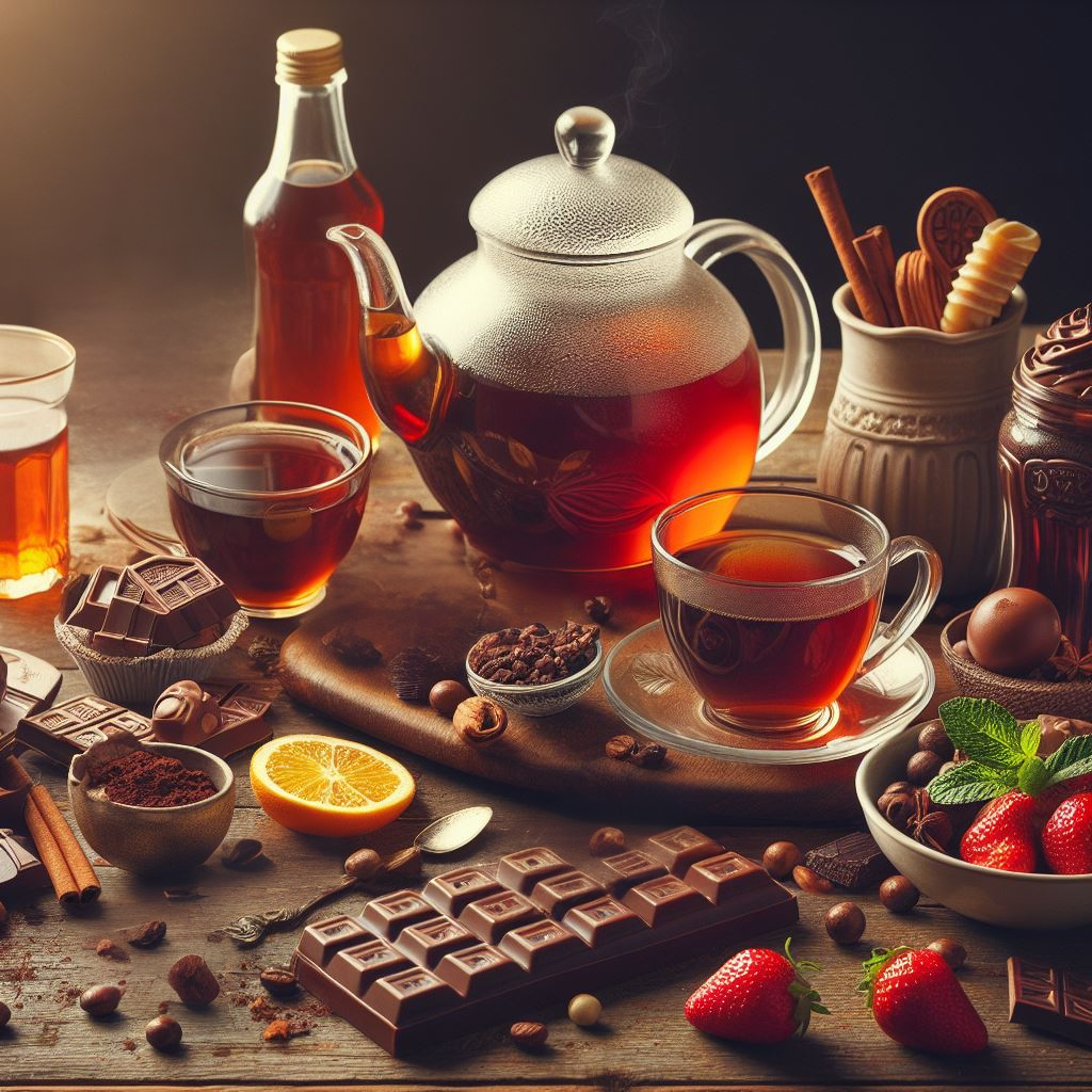 A table with tea, soda, chocolate, and coffee on it