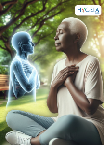 A black elderly person sitting peacefully in a serene environment, such as a park or garden to depict COPD.