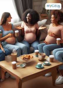 Pregnant black mothers engaged in lively conversation about caffeine and pregnancy in a large sitting room