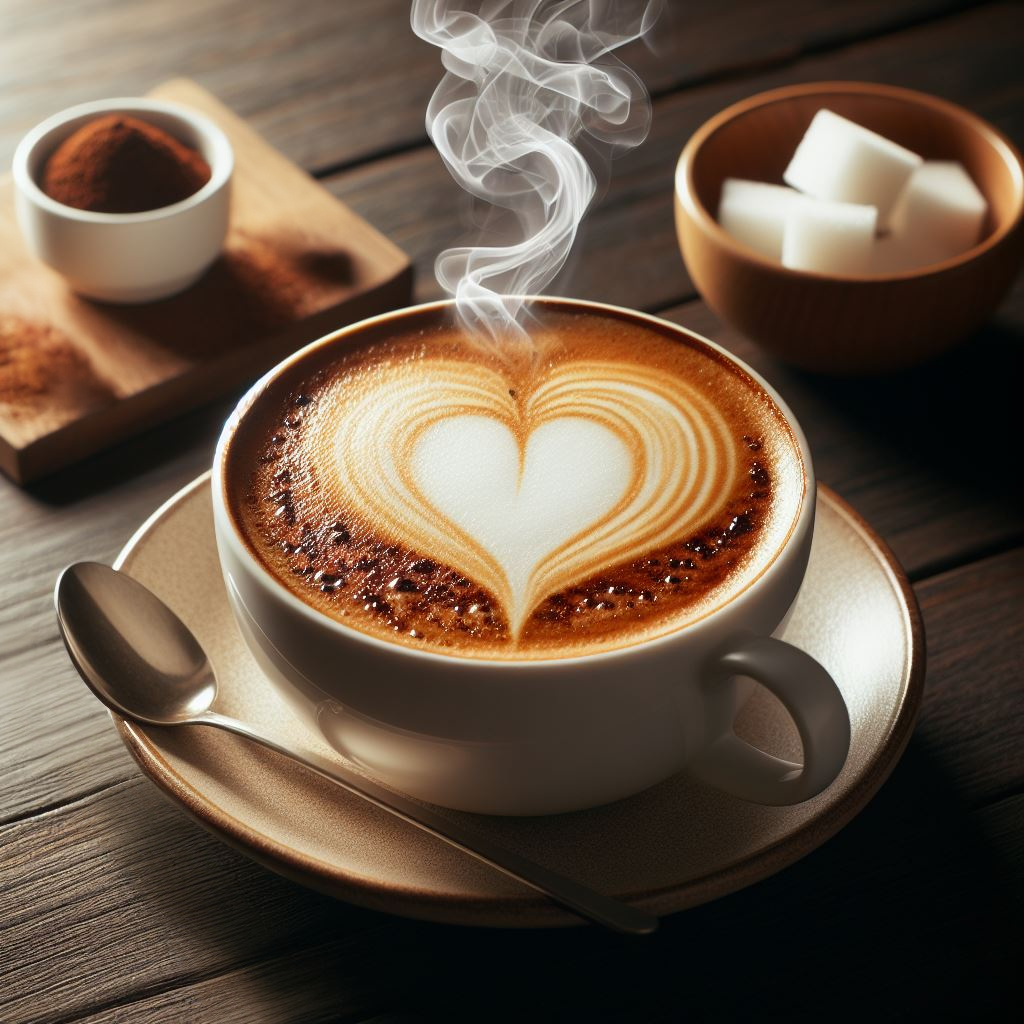 Cup of coffee and spoon on a saucer with a cup of sugar cubes and ground coffee placed near it on a table