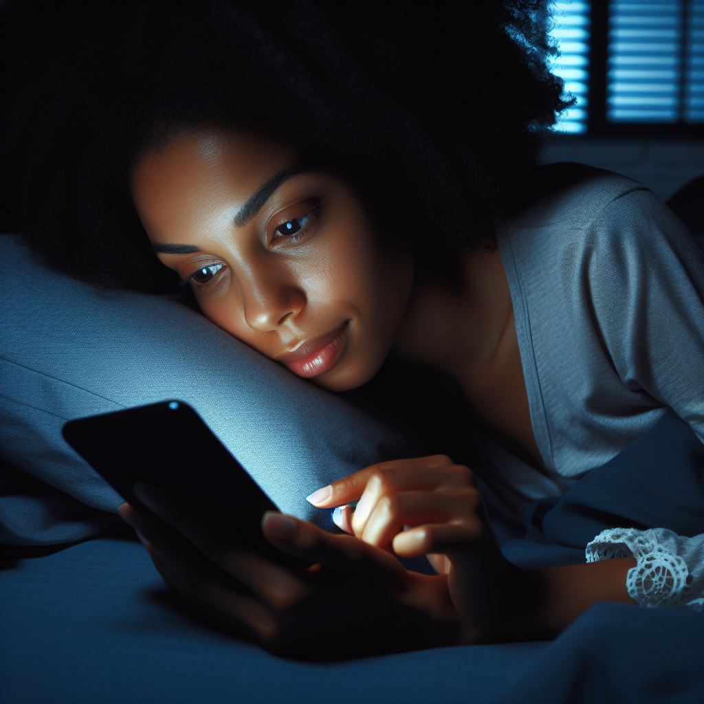 black woman lying on her bed at night pressing her phone