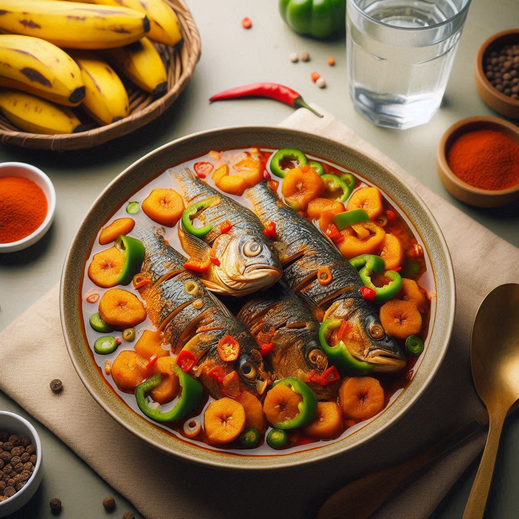 nigerian fish peppersoup in a bowl on the table with a glass of water close to it with the fish cut into pieces