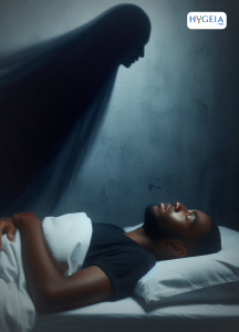 A person lying in bed with a shadowy, dreamlike figure hovering above them in sleep paralysis