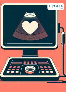 An abstract, minimalist illustration of an ultrasound machine with a heart on the screen.