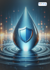 A water droplet with a shield, symbolizing protection against cholera