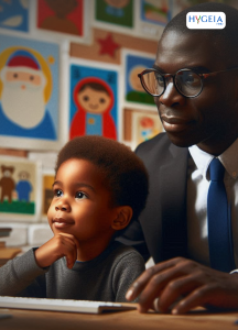 A black man looking over a black child on a computer to show parenting