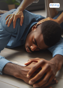 A black man laying down on his side on the floor with his face contorted in pain DURING SEIZURE