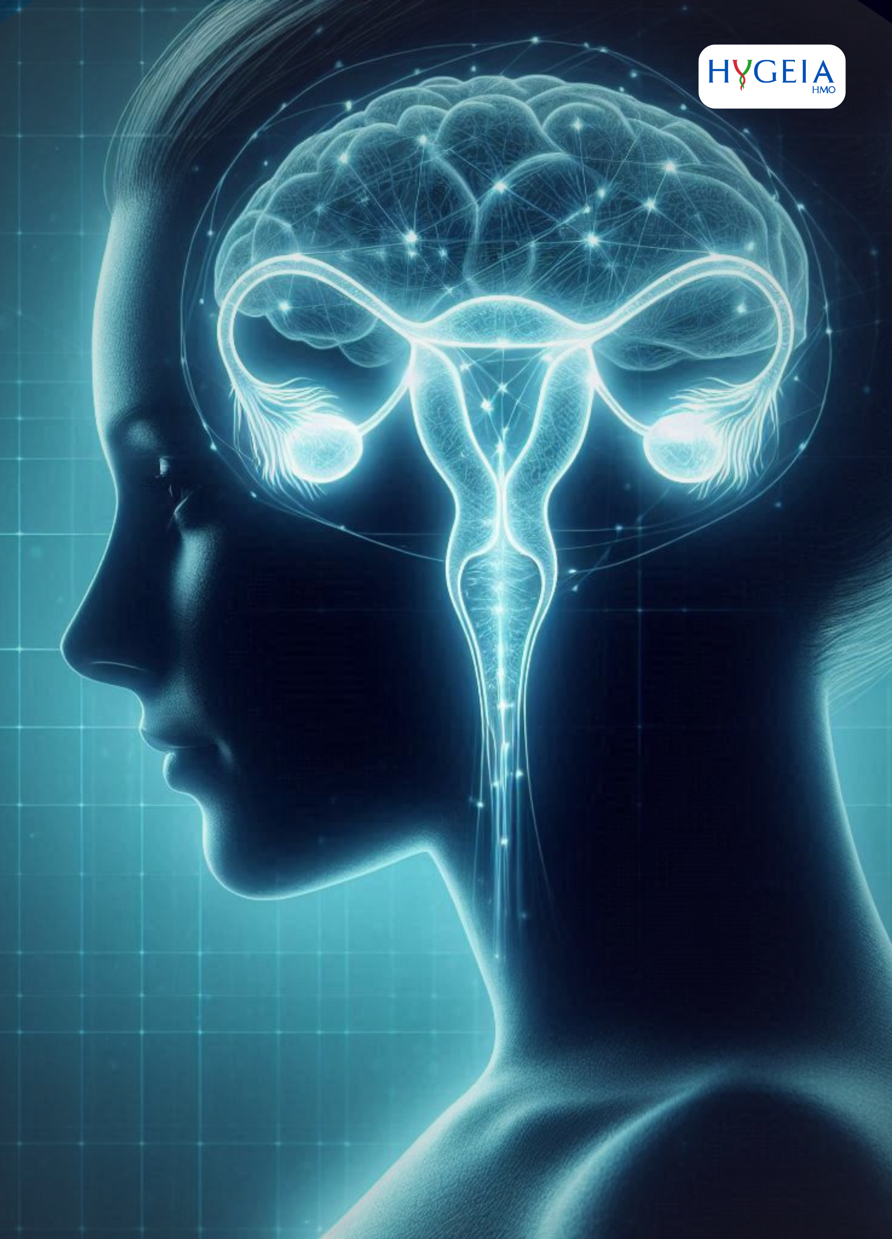 silhouette of a woman showing just the brain and the ovary with lines of light connecting both areas to symbolize PCOS and Mental Health
